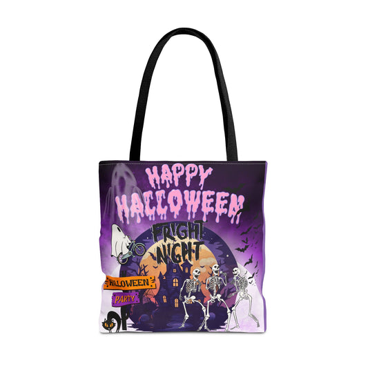 Festive Season Essential: Purple Happy Halloween Fright Night Tote Bag with Skeletons, Ghosts, and an Eerie Haunted House