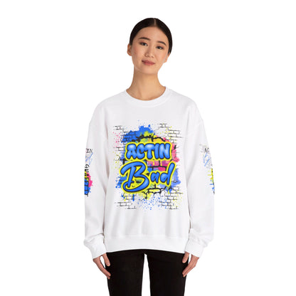 Limited Edition 'Actin Bad' Spray Paint Graffiti Style Sweatshirt - Pink, Blue, Yellow - Artistic Fashion Statement