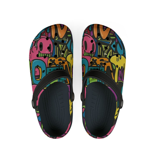 Colorful Melted Smiley Face Graffiti Print EVA Foam Rubber Shoes with Pink, Black, and Yellow – Fashion Forward Streetwear