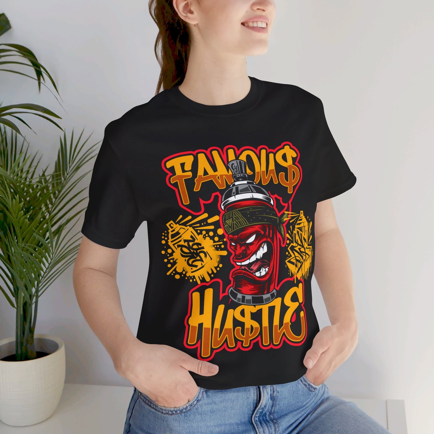 Bold Street Style Tee with 'Famous Hustle' Graffiti Art - Black Unisex Top