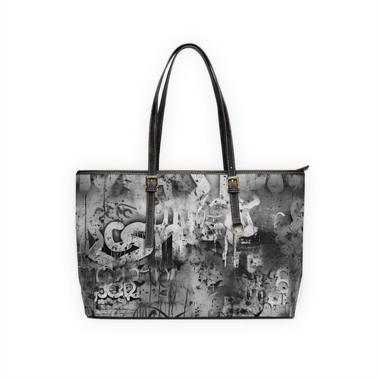 Gray and White Leather Graffiti Art Tote Bag with Splashes of Black Paint - Street Style Fashion Statement