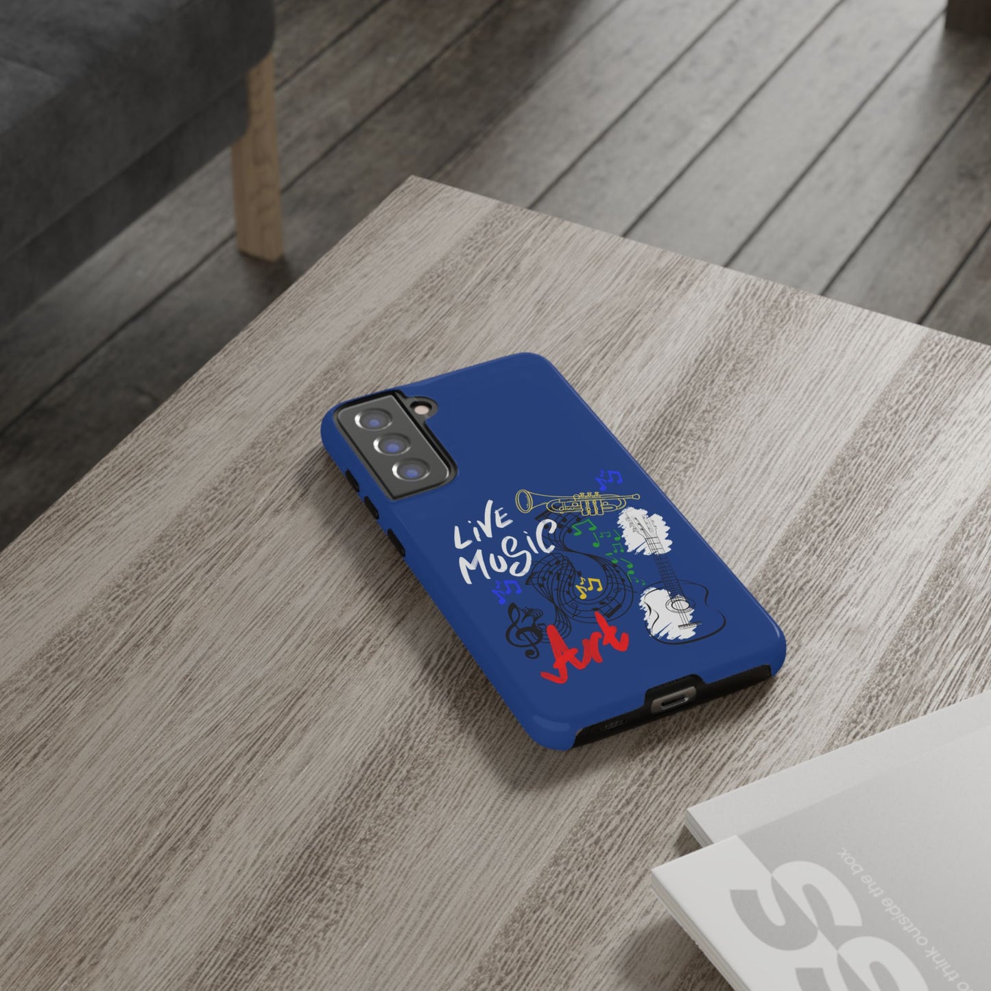Dark Blue Live Music Art Samsung Galaxy Phone Case with Colorful Music Notes