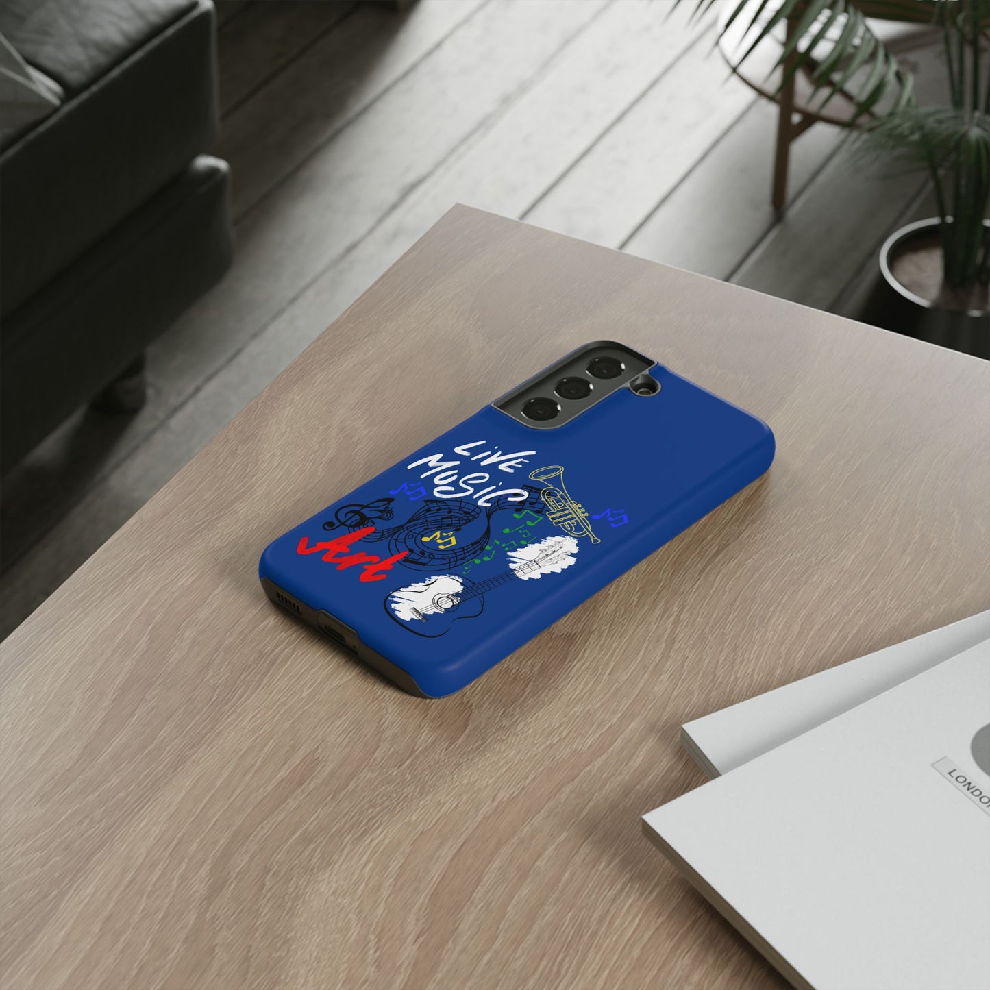 Dark Blue Live Music Art Samsung Galaxy Phone Case with Colorful Music Notes