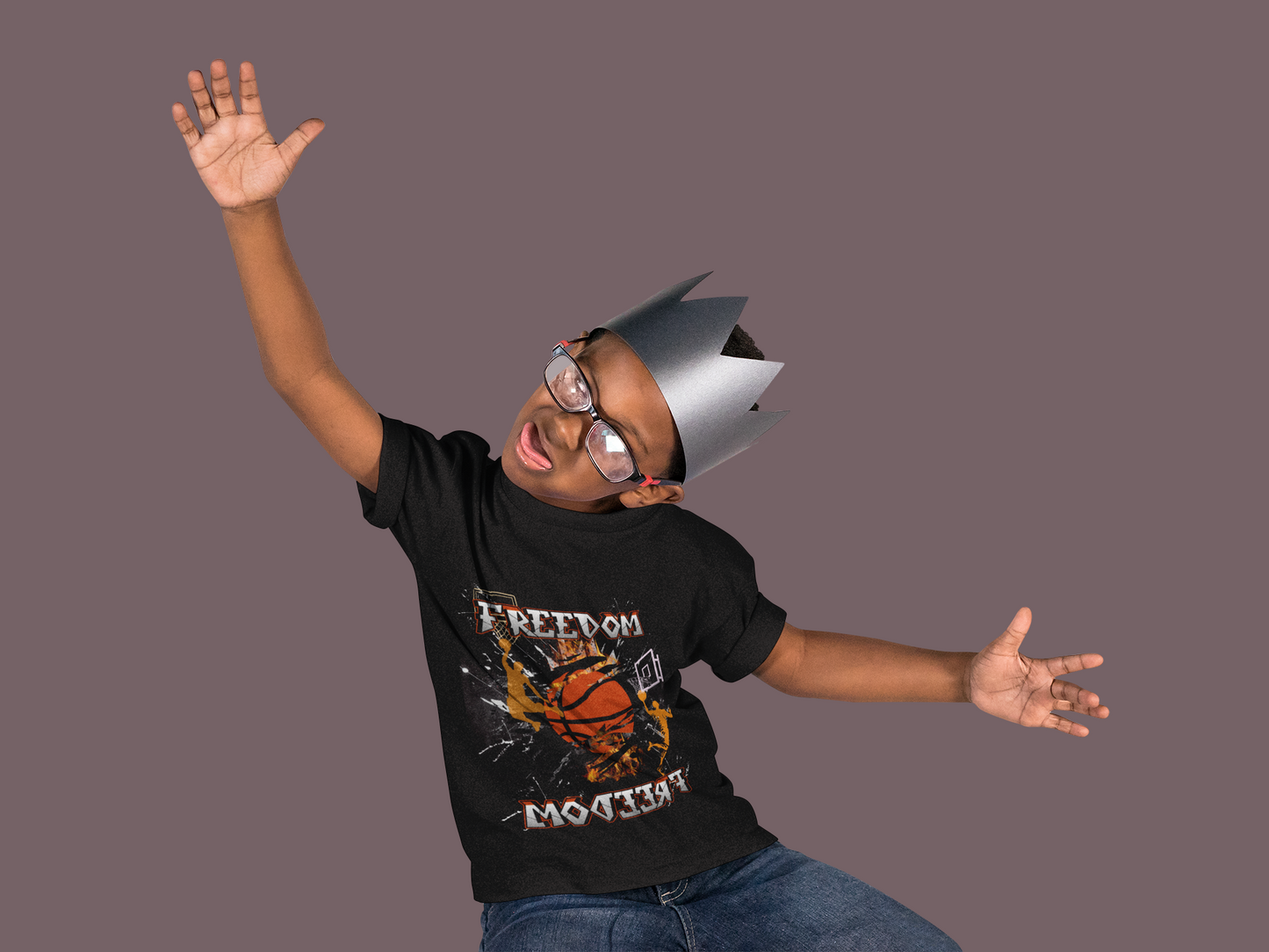Freedom on Fire: Kids Basketball Tee with Basketball Nets, White Paint Splatter and Orange & Silver Accents