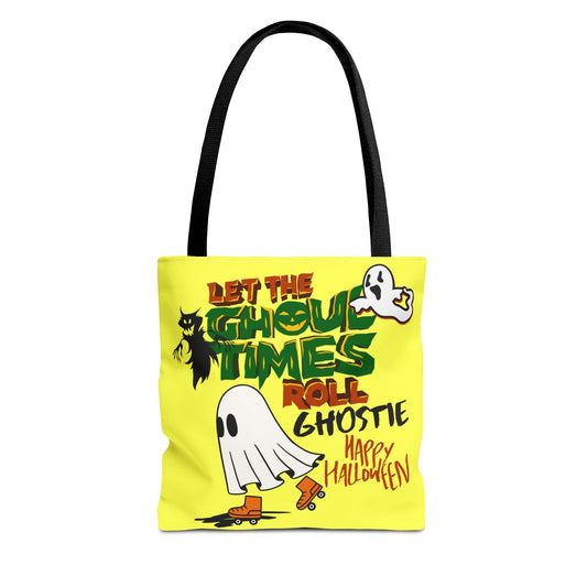 Yellow Halloween Tote Bag | Let The Ghoul Times Roll Ghostie, Spooky Fun Reusable Bag - KismetWonders