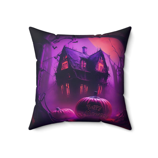 Happy Halloween Haunted House Accent Pillow | Purple & Orange Holiday Decor - KismetWonders