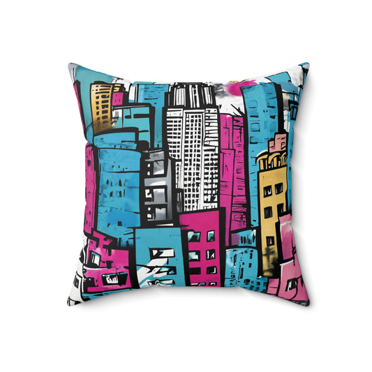 Vibrant Square Graffiti Pattern Pillow in Pink, Blue, and Yellow - NYC Inspired Home Decor - KismetWonders