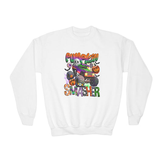 Pumpkin Smasher Halloween Kid Sweatshirt - Duotone Pumpkin Design with Eclectic Halloween Fonts and Spooky Elements - KismetWonders