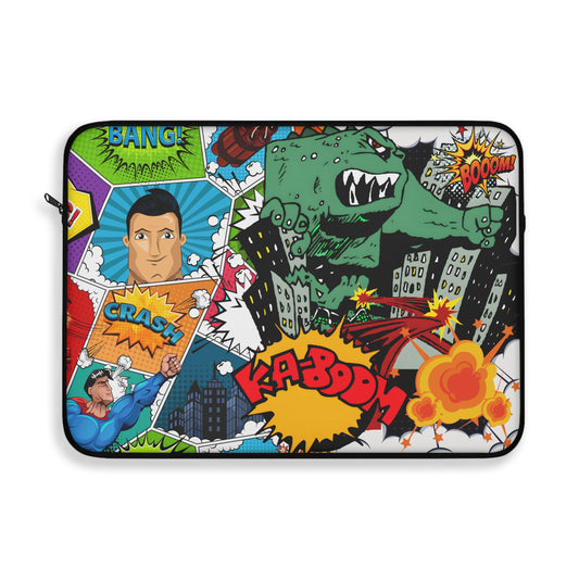 Pop Art Monster and Superhero Laptop Sleeve with Fire and Comic Bubbles - KismetWonders