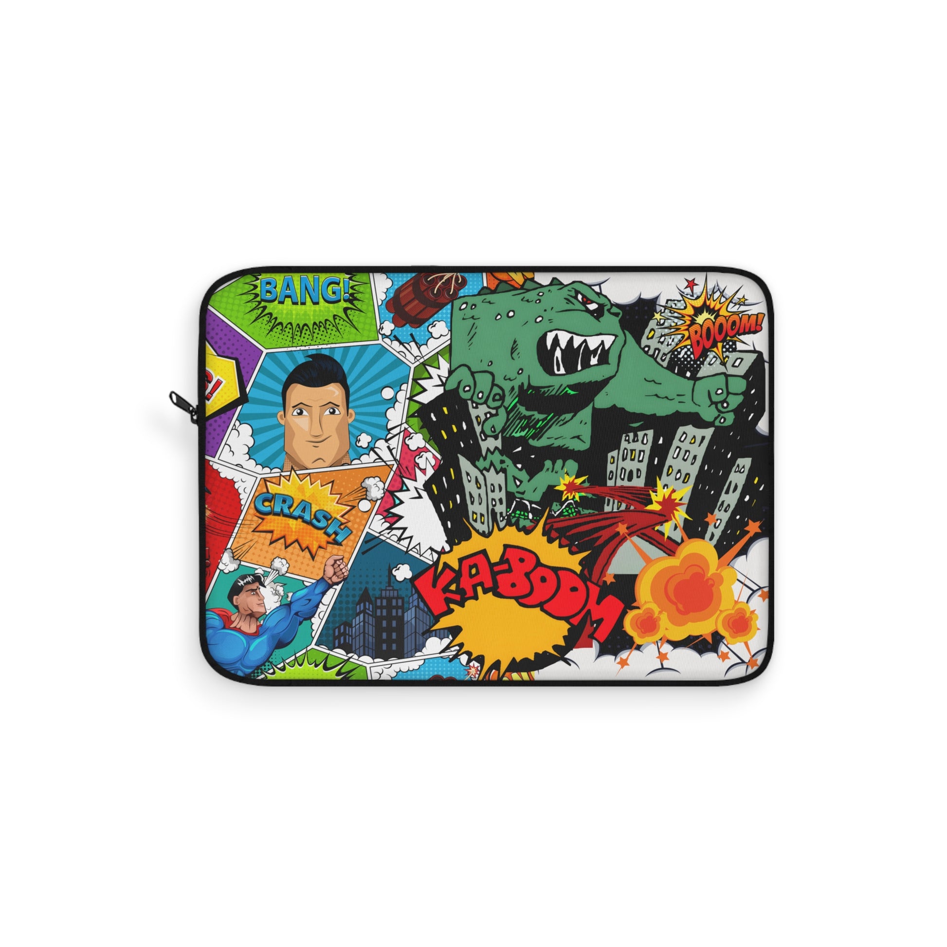 Pop Art Monster and Superhero Laptop Sleeve with Fire and Comic Bubbles - KismetWonders