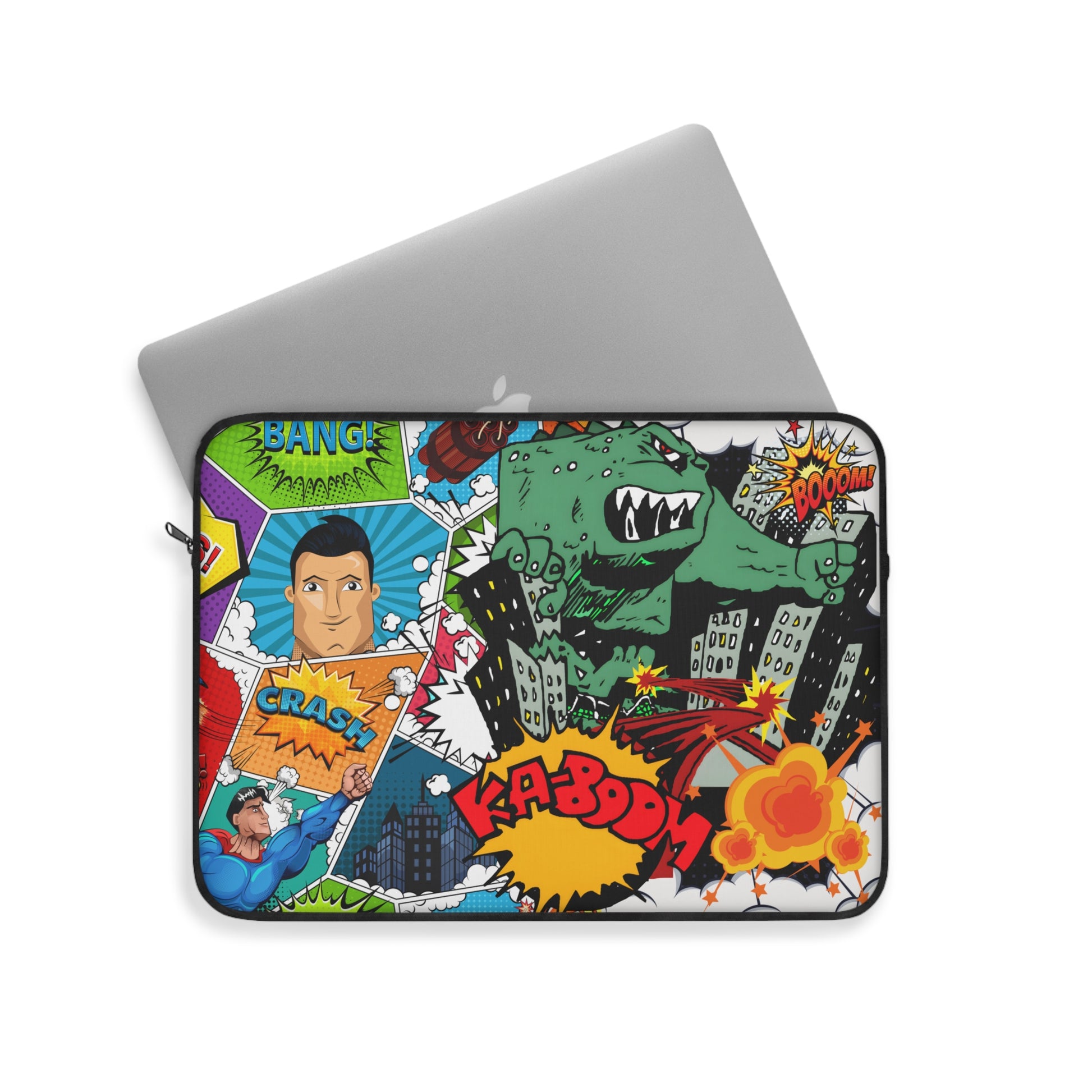 Pop Art Monster and Superhero Laptop Sleeve with Fire and Comic Bubbles - KismetWonders