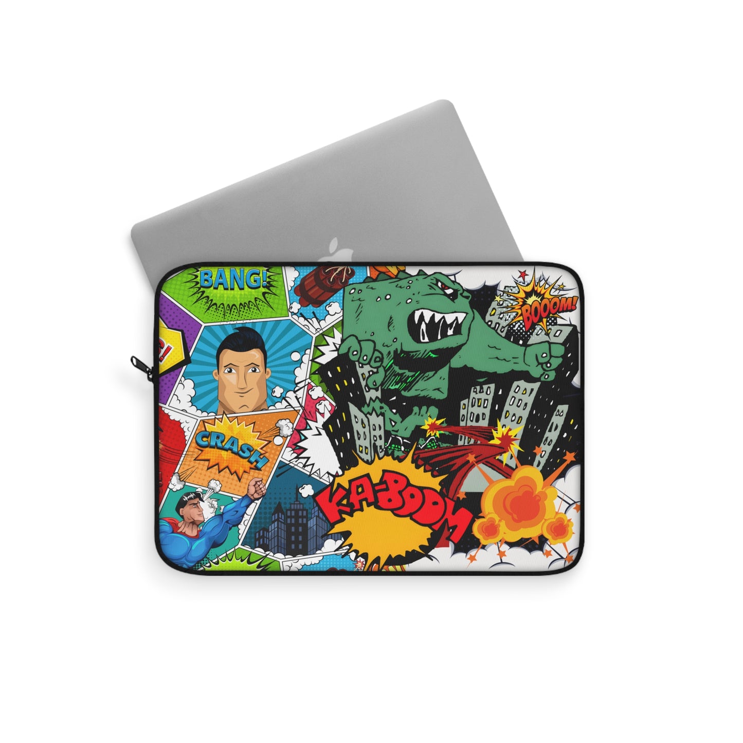 Pop Art Monster and Superhero Laptop Sleeve with Fire and Comic Bubbles - KismetWonders
