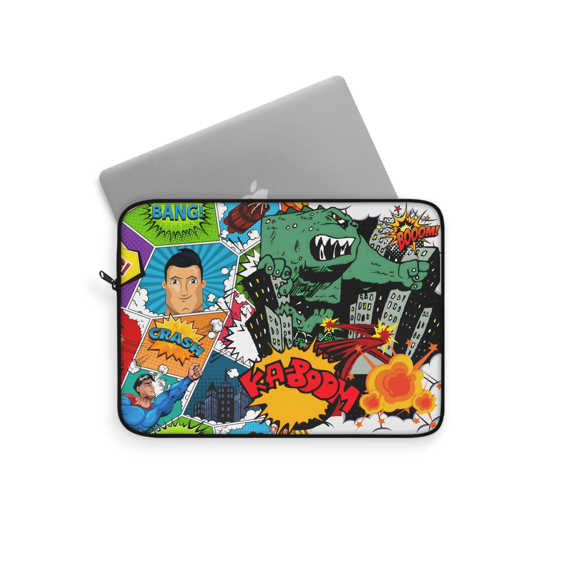 Pop Art Monster and Superhero Laptop Sleeve with Fire and Comic Bubbles - KismetWonders