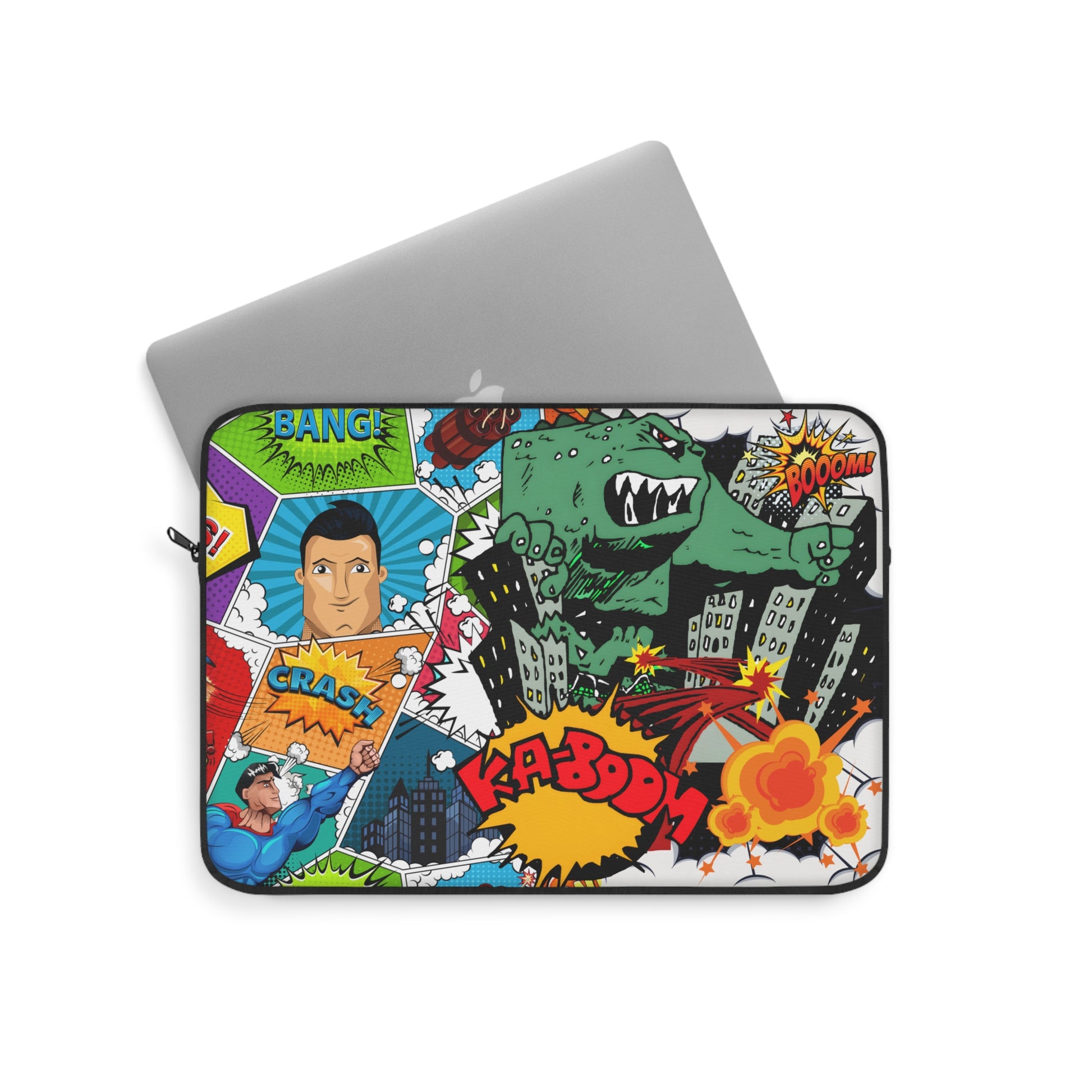 Pop Art Monster and Superhero Laptop Sleeve with Fire and Comic Bubbles - KismetWonders