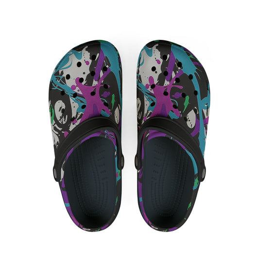 Trendy Graffiti Print EVA Foam Rubber Shoes with Purple, Black, and White Paint Splatter - Creative Streetwear Fashion - KismetWonders