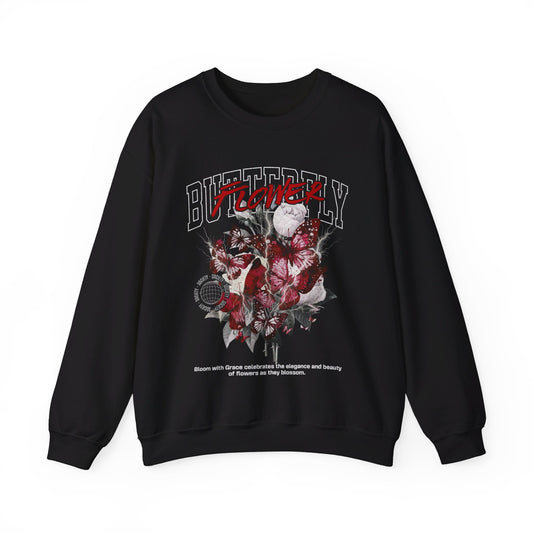 Black Butterfly Flower Adult Sweatshirt - Rose with Thorns and Butterflies - Lightning Creative Touch - Bloom with Grace - KismetWonders