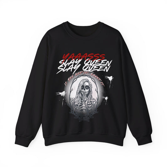 Slay Queen Halloween Sweatshirt: Hauntingly Beautiful Skeleton Design with Beaming Glow and Rose Accents! - KismetWonders