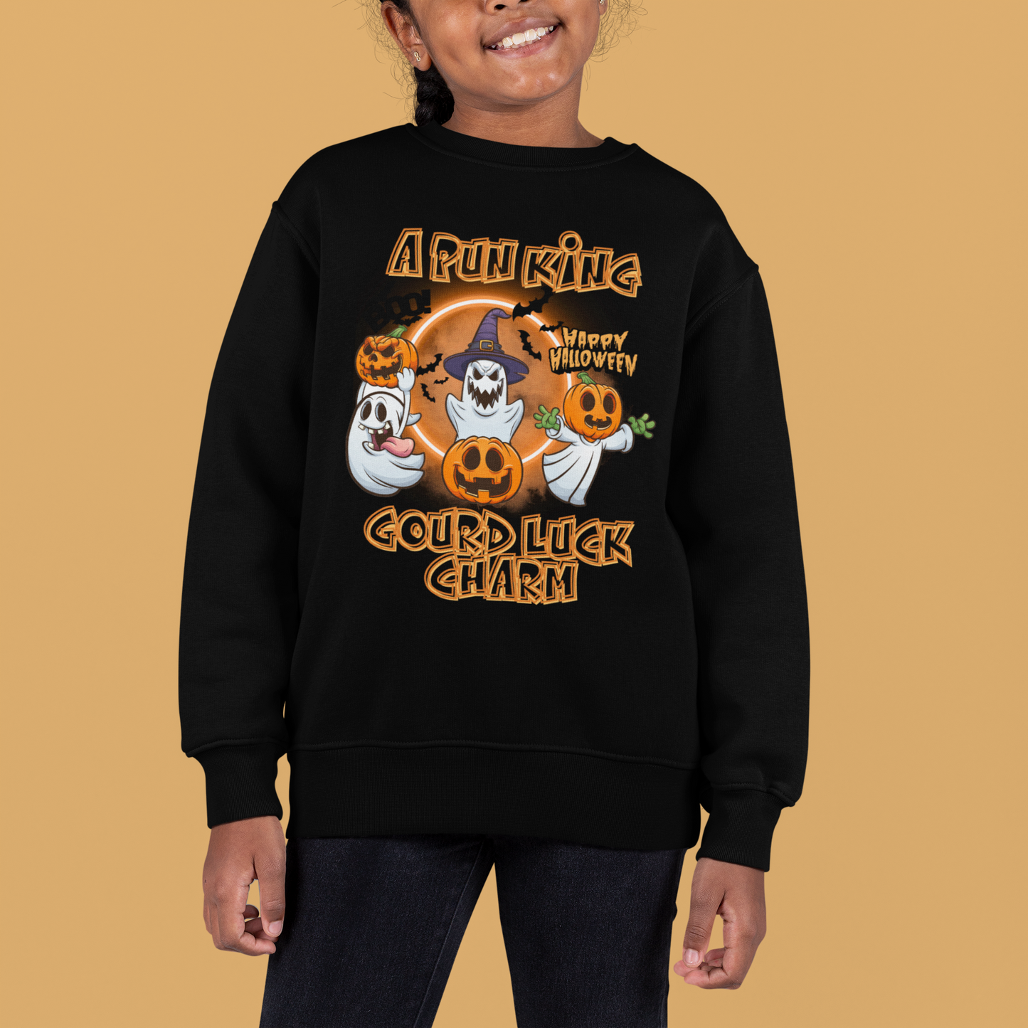 Pun King Gourd Luck Charm Kids Sweatshirt with Glowing Orange Background - Halloween Must-Have! Perfect Sweatshirt for Fall or Halloween