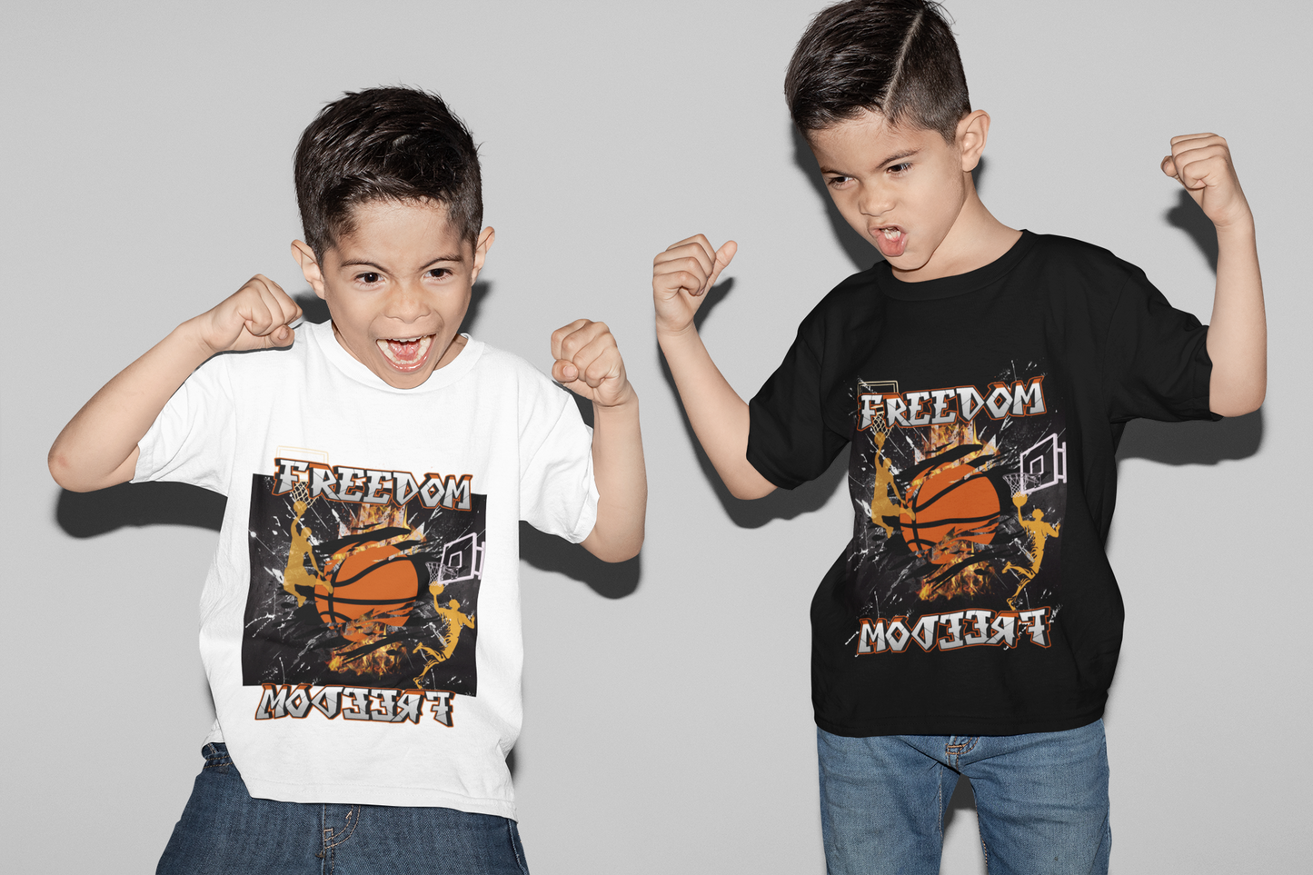 Freedom on Fire: Kids Basketball Tee with Basketball Nets, White Paint Splatter and Orange & Silver Accents