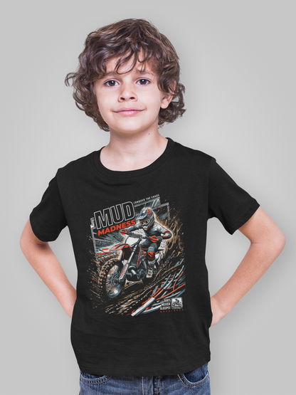 Conquer the Chaos Mud Madness Dirt Biker Kid Tee | Red & White Lettering | Motocross Shirt for Kids
