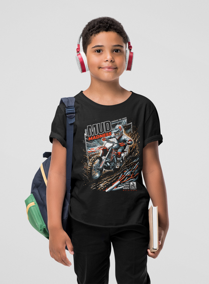 Conquer the Chaos Mud Madness Dirt Biker Kid Tee | Red & White Lettering | Motocross Shirt for Kids