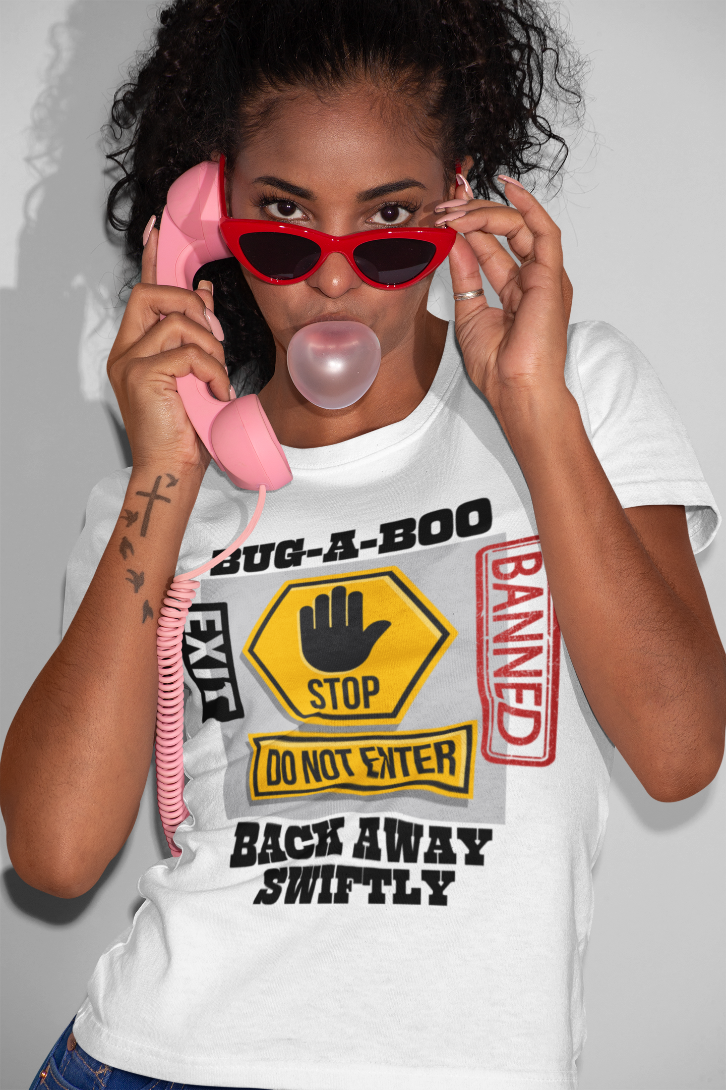 Funny Bug-A-Boo Stop T-Shirt - Back Away Swiftly with Exit and Banned Sign